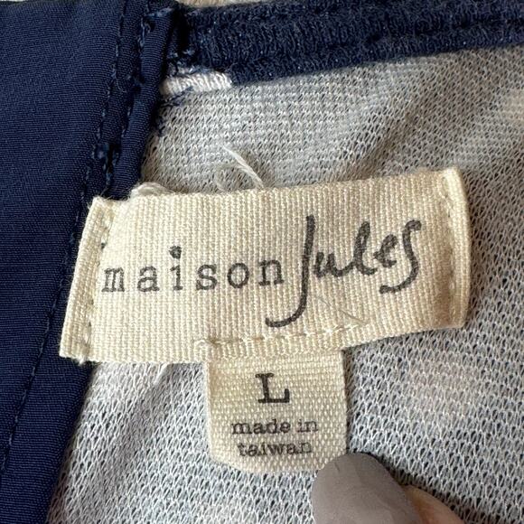 Maison Jules French Terry V-Neck Fit and Flare Dress Polka Dot Navy Blue White L - Picture 7 of 8